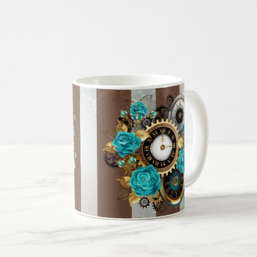 Mug Steampunk Clock and Turquoise Roses on Striped (Devant droit)