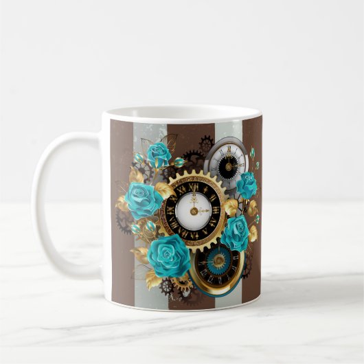 Mug Steampunk Clock and Turquoise Roses on Striped (Gauche)