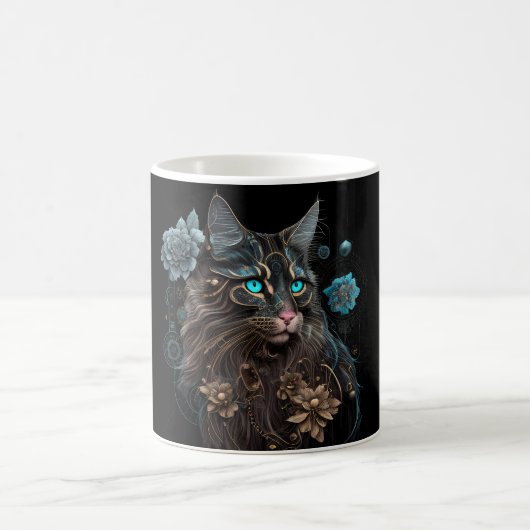 Mug Steampunk magique Maine Coon chat et fleurs IA art (Centre)