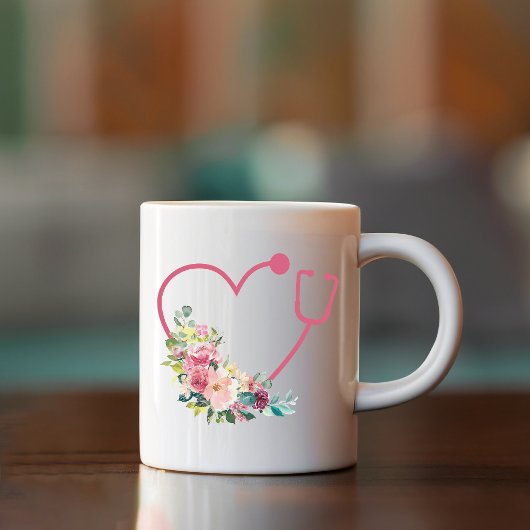 Mug Stéthoscope rose Floral Coeur Infirmière Docteur