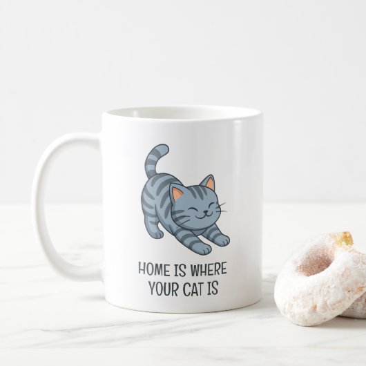 Mug Stretching Grey Tabby Cat Custom Text (Avec donut)