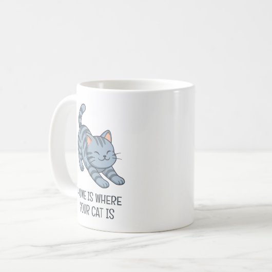Mug Stretching Grey Tabby Cat Custom Text (Devant gauche)
