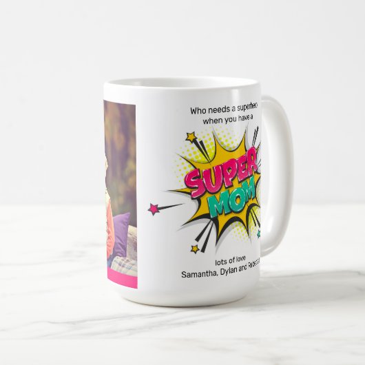 Mug Style de dessin Super Maman Ajouter votre photo Fê (Devant droit)