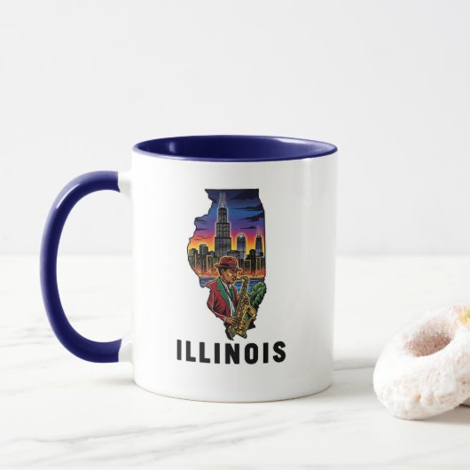 Mug Style de tatouage de l'Illinois Style Skyline Jazz (Avec donut)