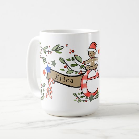 Mug Style Rétro Joli Monogramme de Noël E Avec Nom (Devant gauche)