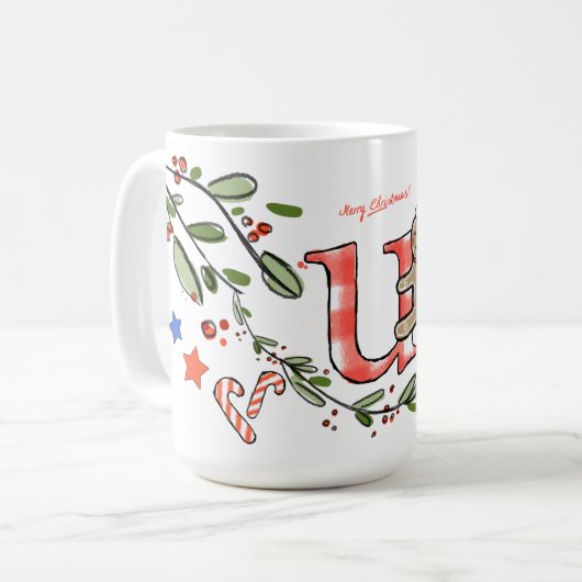 Mug Style Rétro Joli Monogramme de Noël U avec nom (Devant gauche)