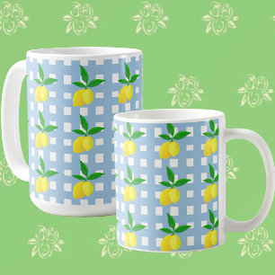 Mug Style Rétro Vintage Citrons Jaunes à Carreaux Bleu