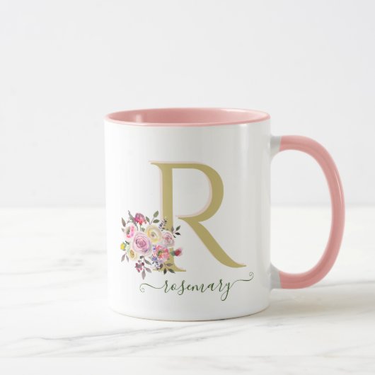 Mug Stylish Floral Gold Rose Votre nom de monogramme (Droite)