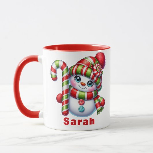 Mug Sucre de canne de Noël Snowman Nom personnalisé (Gauche)