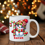 Mug Sucre de canne Snowman Christmas Nom personnalisé<br><div class="desc">Célébrez la douceur de la saison avec ce Sucre de canne Snowman Christmas Custom Name Coffee Mug! Cette adorable tasse à café de Noël est ornée d'un joyeux bonhomme de neige tenant un sucre de canne rayé rouge et vert, et portant un casquette rayé rouge et vert assorti et une...</div>