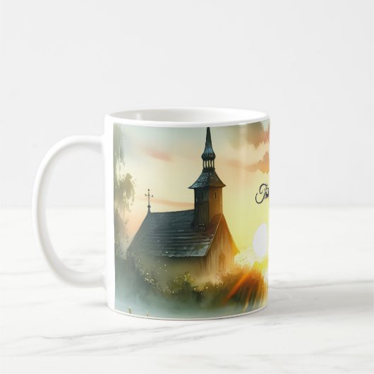Mug Sunrise Church with Birds in Misty Meadow (Gauche)