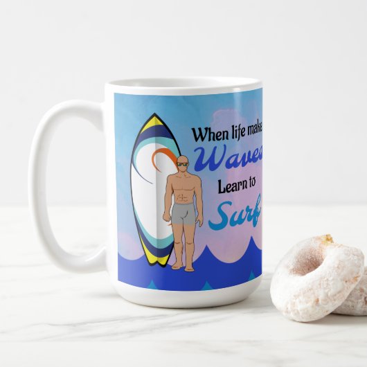 Mug Surboard Ocean Waves Blue Motivational Quote (Avec donut)