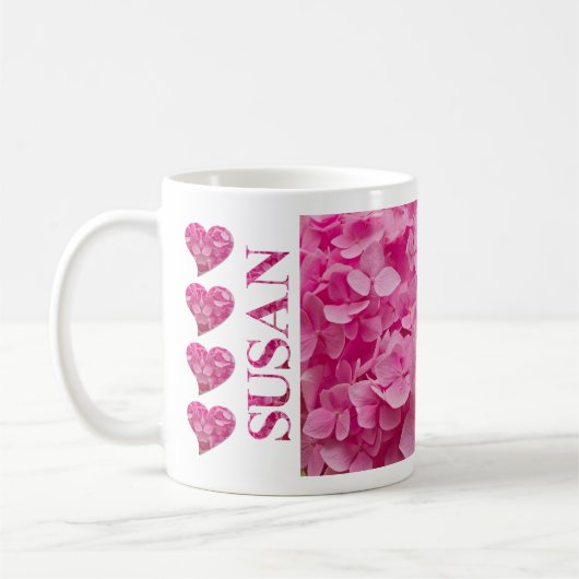 Mug "Susan" Hydrangée rose Floral Lettering & Hearts (Gauche)