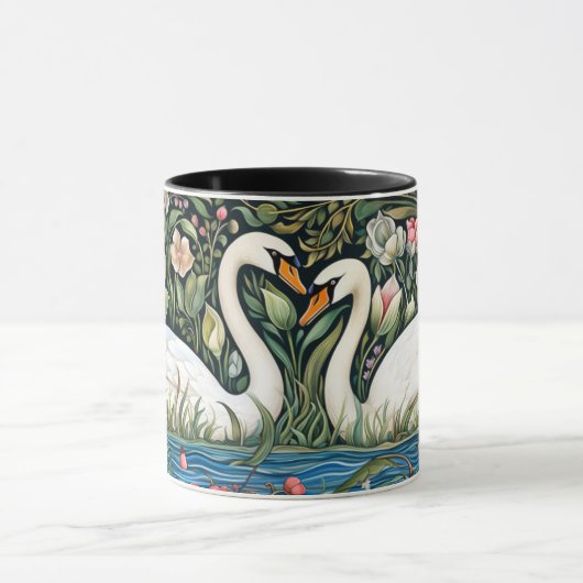 Mug Swans on Pond William Morris Style Peinture Art (Centre)
