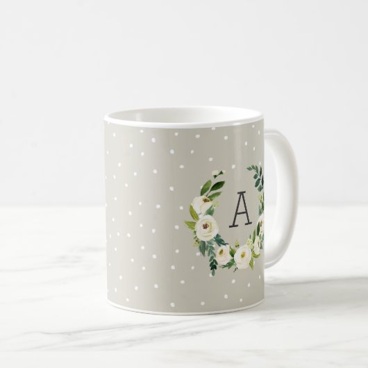 Mug Sweet Greenery Wreath and Greige Dots Monogramme (Devant droit)