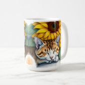 Mug Sweet Sleepy Kitty Cat and Sunflowers Personalized (Devant droit)