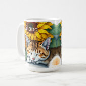 Mug Sweet Sleepy Kitty Cat and Sunflowers Personalized (Devant gauche)