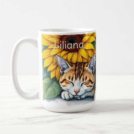 Mug Sweet Sleepy Kitty Cat and Sunflowers Personalized (Gauche)