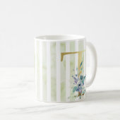 Mug T bandes dorées initiales bleu et blanc, (Devant droit)