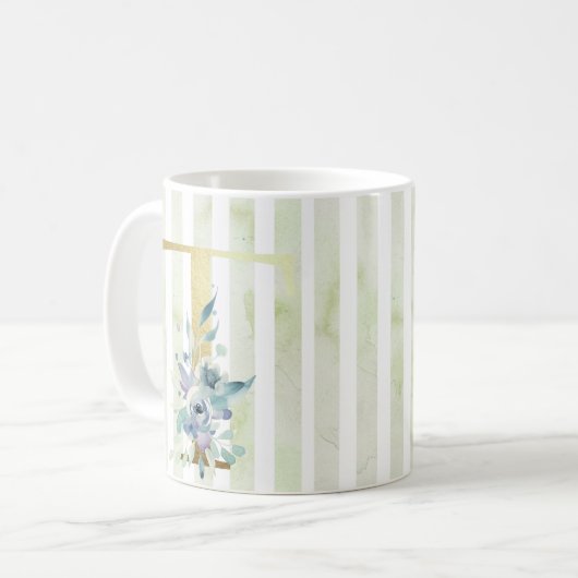Mug T bandes dorées initiales bleu et blanc, (Devant gauche)