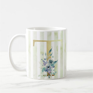 Mug T bandes dorées initiales bleu et blanc,