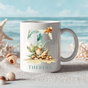 Mug T initiale de monogramme côtier personnalisé Plage
