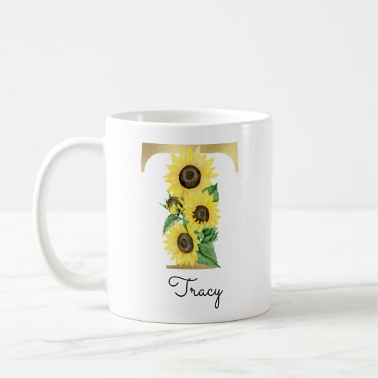 Mug T initiale florale tournesol or personnalisé (Gauche)