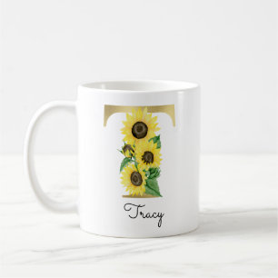 Mug T initiale florale tournesol or personnalisée