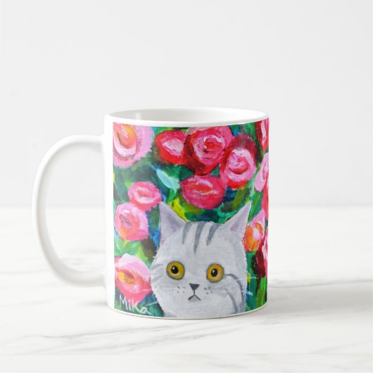 Mug Tabby Gris Chat Avec Jolies Fleurs Chat Artistique (Gauche)