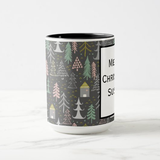Mug Tableau noir Arbres de Noël et Maisons Jaune rose (Centre)