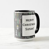 Mug Tableau noir Arbres de Noël et Maisons Jaune rose (Devant droit)