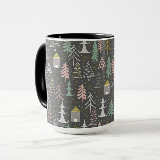 Mug Tableau noir Arbres de Noël et Maisons Jaune rose (Devant gauche)