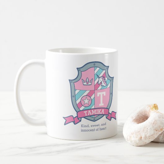 Mug Tamika princess crest rose aqua bleu nom signifian (Avec donut)