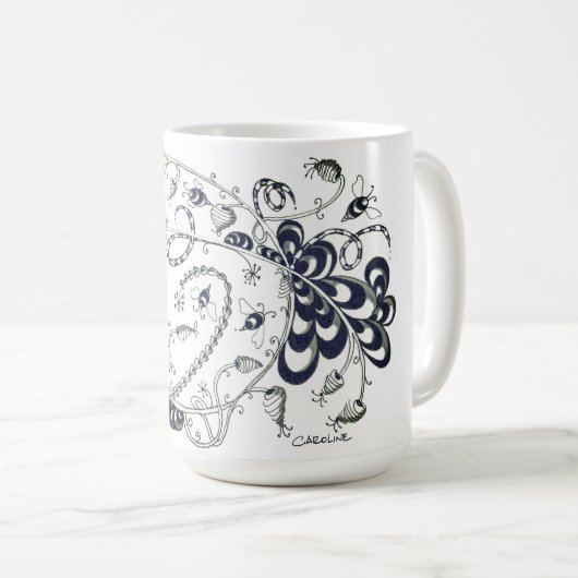 Mug Tangle noir et blanc dessin représentant les abeil (Devant droit)