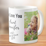 Mug Tante We Love You Personnalisé Photo Names<br><div class="desc">Célébrez une tante préférée avec ce design photo personnalisé. Vous pouvez ajouter deux photos de nièces et neveux, personnaliser l'expression à "Je t'aime" ou "Nous t'aimons", et personnaliser son nom. Vous pouvez également ajouter les noms et l'année de ses nièces et neveux (si vous avez besoin de plus de place...</div>