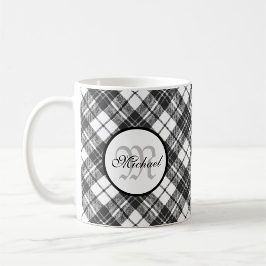 Mug Tartan motif Noël noir blanc Monogramme (Gauche)
