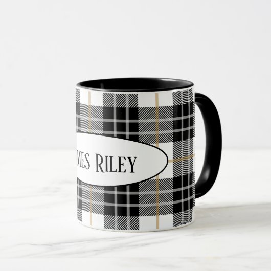Mug tartan noir et blanc plaid (Devant droit)