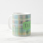 Mug Tartan plaid initiales vert bleu gris beige pastel (Devant gauche)