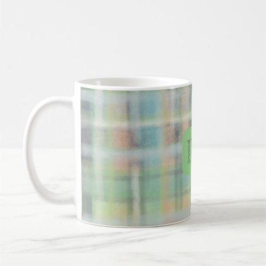 Mug Tartan plaid initiales vert bleu gris beige pastel (Gauche)