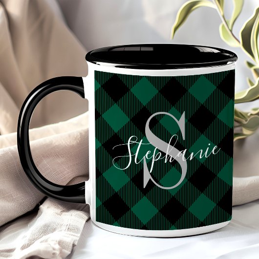 Mug Tartan Vert Buffalo Nom Monogramme Rustique