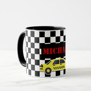 Mug Taxi noir/blanc nommé fait sur commande de jaune