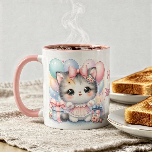 Mug Taza de Cumpleaños con Gatito y Globos 