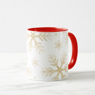 Mug Taza Navideña con Copos de Nieve Dorados elegantes