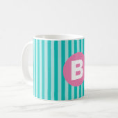 Mug Teal Blue Vertical Striped Pink Circle Monogram (Devant gauche)
