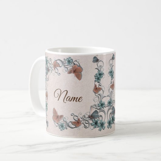Mug Teal Silver Floral Copper Butterfly Tan Wedding (Devant gauche)