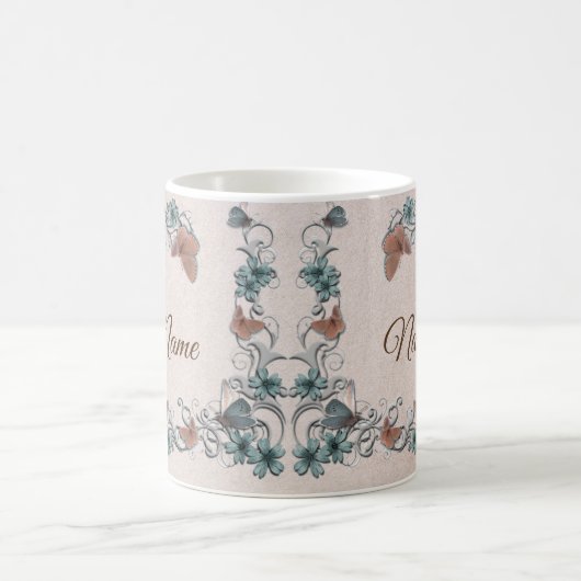 Mug Teal Silver Floral Copper Butterfly Tan Wedding (Centre)