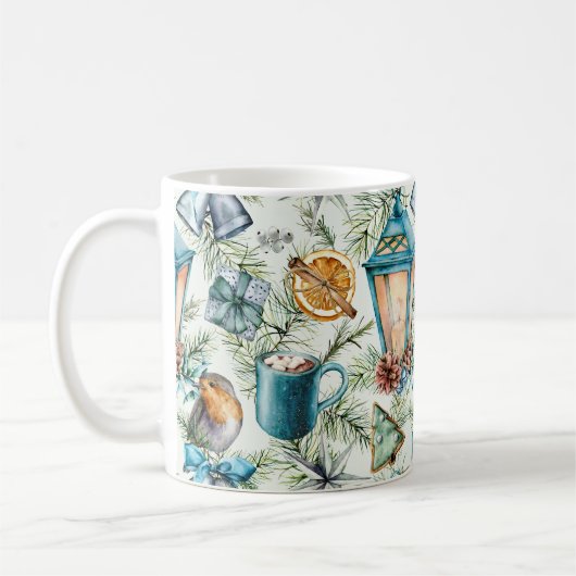 Mug Teal Watercolor Christmas Elements Pattern (Gauche)