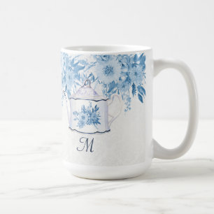 Mug Teapot élégant monogramme Dusty Blue n White Flora