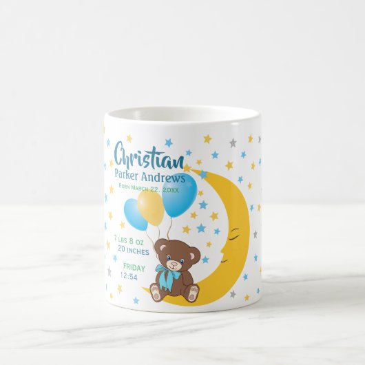 Mug Teddy Bear assis sur la Lune Baby Birth Statistiqu (Centre)