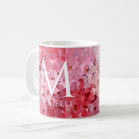Mug Tendance rose Coeurs rouges Modèle Monogramme init (Devant gauche)